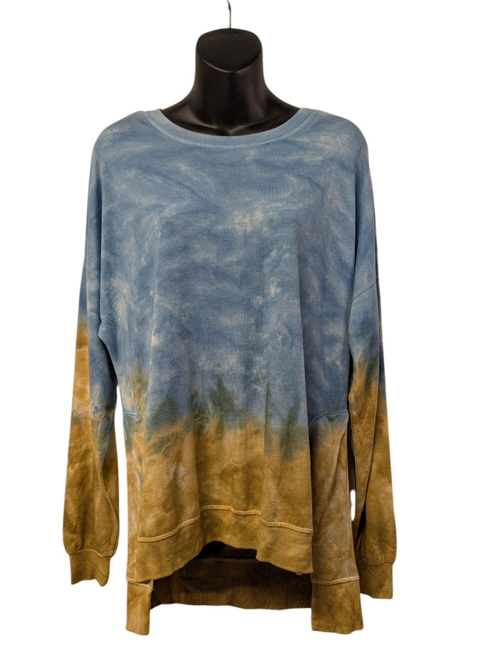Dantelle Blue Tan Ombre Tie Dye Loop Terry Sweatshirt Tunic Sz M High Low Slits